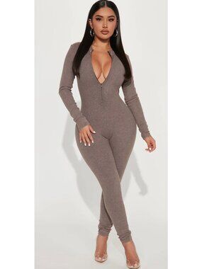 FASHION NOVA Brown Tanya Long Sleeve Ribbed Bodycon Women's Jumsuit NWT Size XL